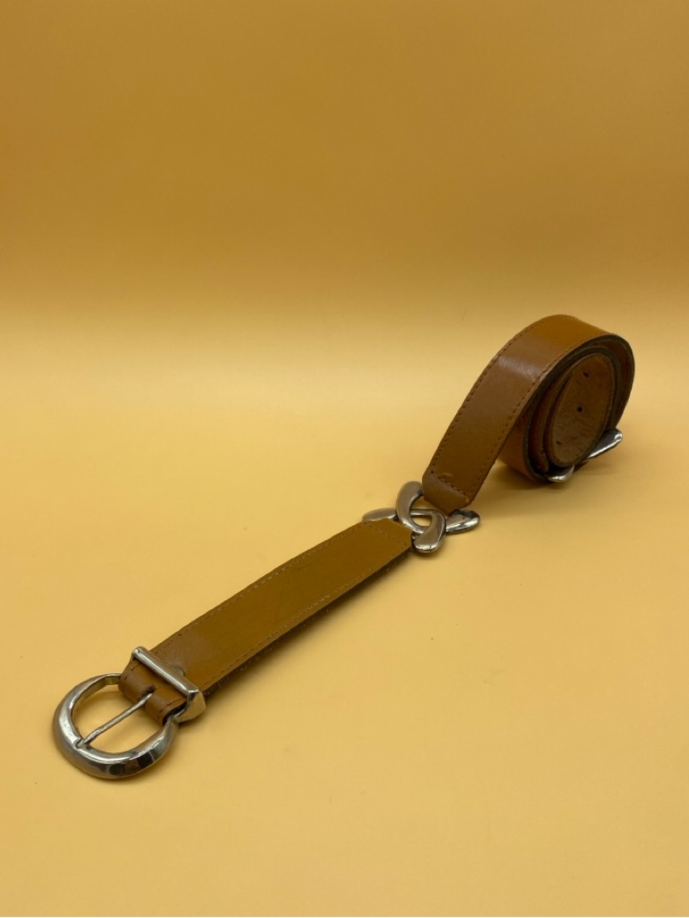 Vintage leather camel belt silver link - 0021TJ